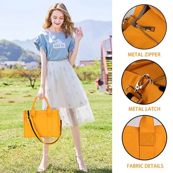 Women’s canvas handbag Stylish Orange Tote Bag - Picture 3 of 5